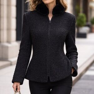 Akris Black Textured Wool Jacket Mink Fur Collar Zip Front Size 8